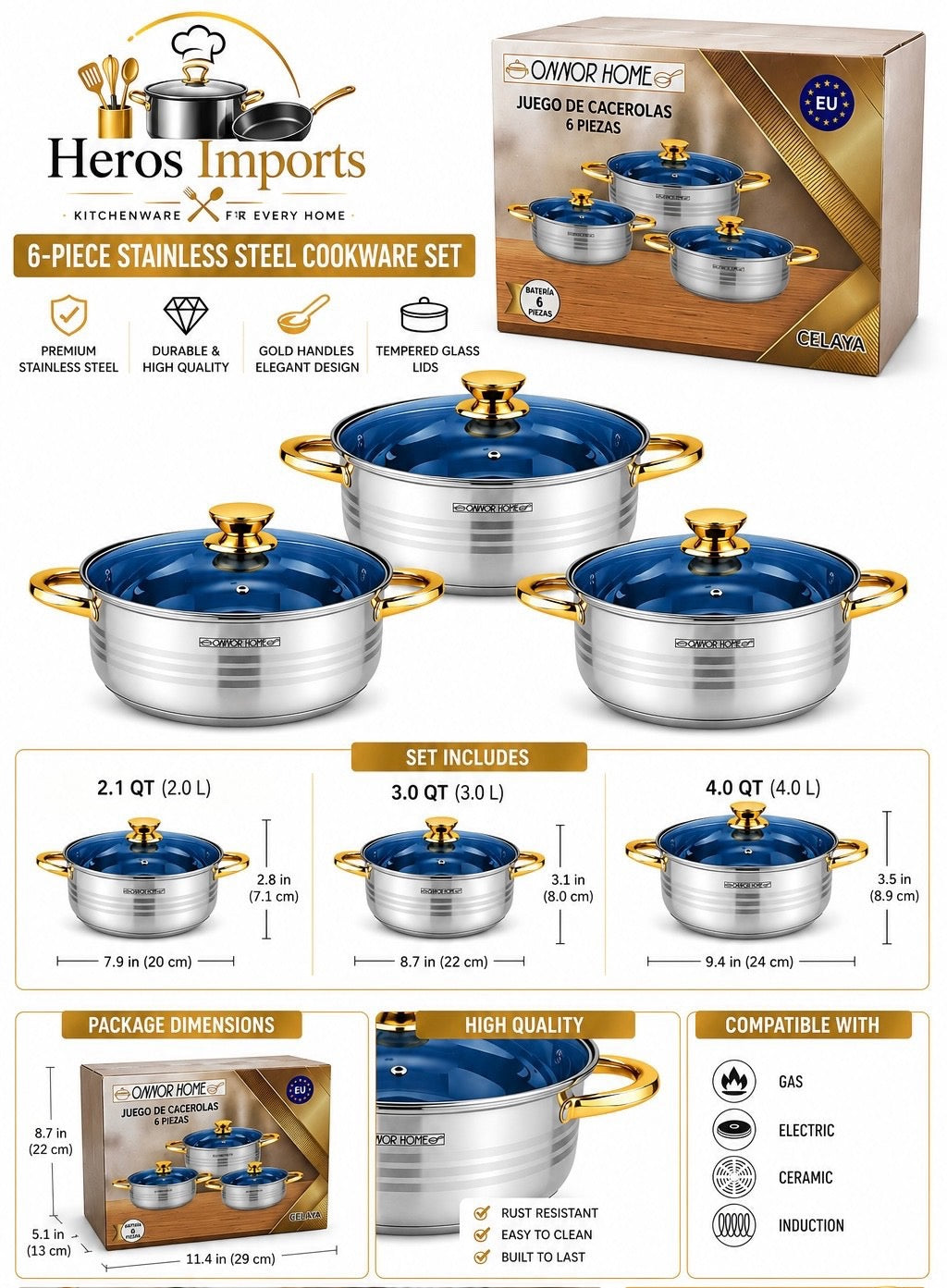 ONNOR HOME 6-Piece Stainless Steel Cookware Set with Glass Lids MODEL-CELAYA