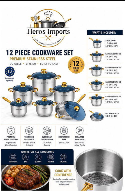 12-Piece Stainless Steel Cookware Set w/ Glass Lids Induction Ready TENERIFE