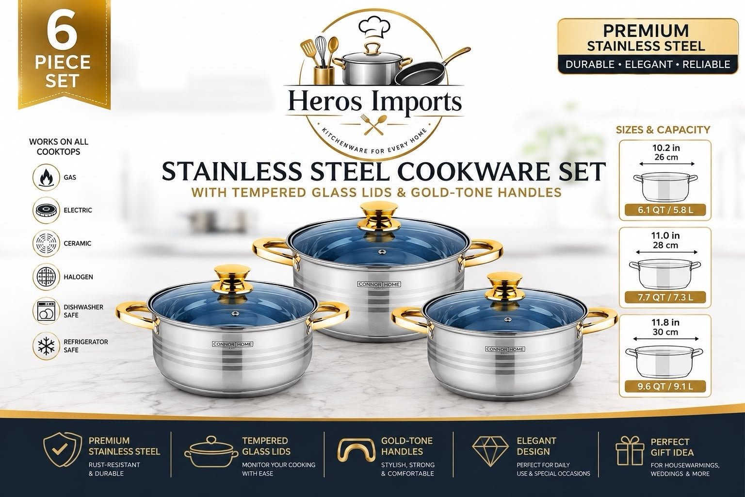 Onnor Home 6-Piece Stainless Steel Cookware Set Glass Lids Gold Handles- SUIZA