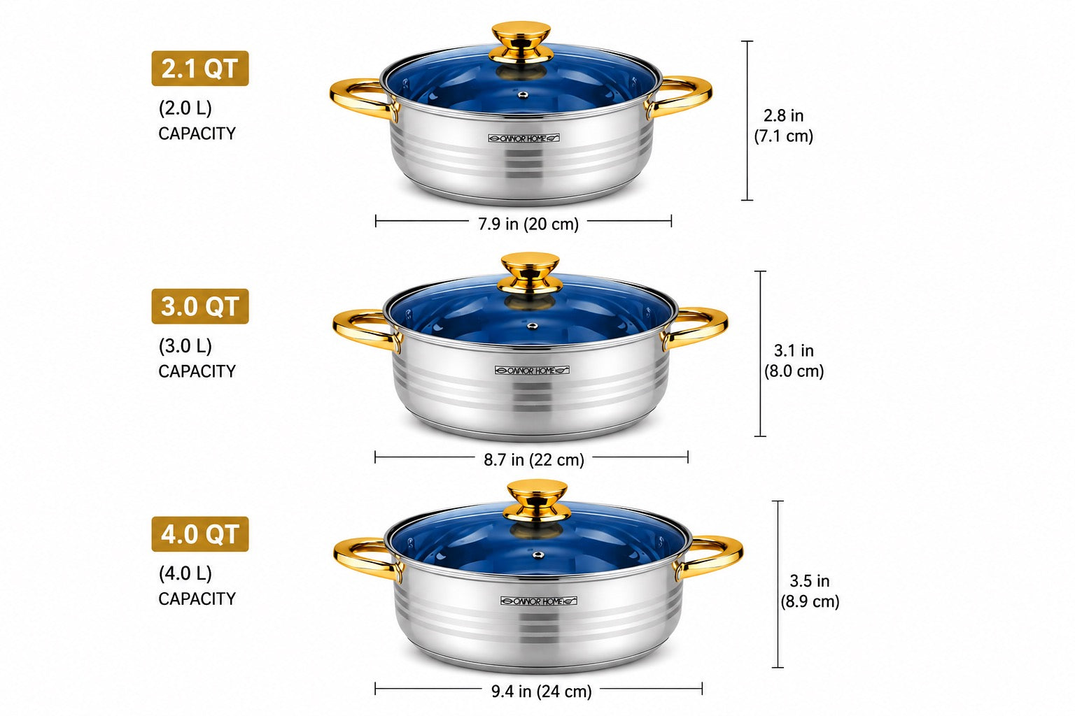 ONNOR HOME 6-Piece Stainless Steel Cookware Set with Glass Lids MODEL-CELAYA