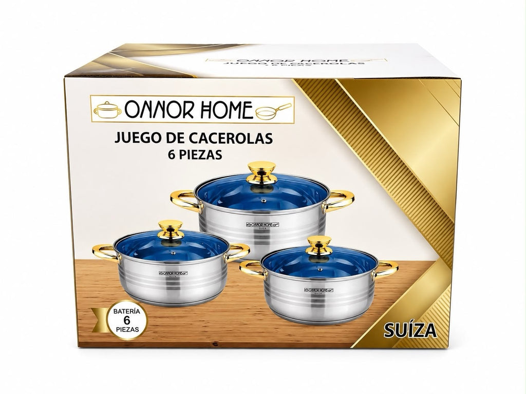 6 Piece Stainless Steel Cookware Set Glass Lids Gold Handles- SUIZA