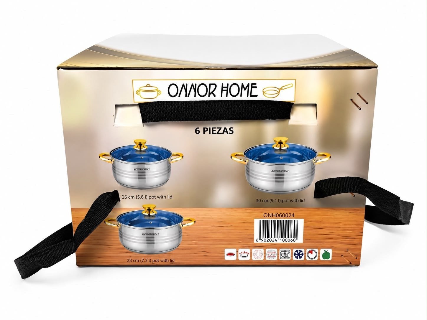 Onnor Home 6-Piece Stainless Steel Cookware Set Glass Lids Gold Handles- SUIZA