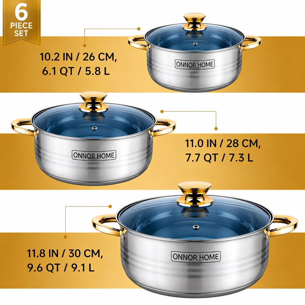 6 Piece Stainless Steel Cookware Set Glass Lids Gold Handles- SUIZA